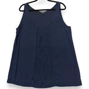 Eileen Fisher 100% Silk Tank Top Womens XL Navy Blue Pleated Front Staple Piece